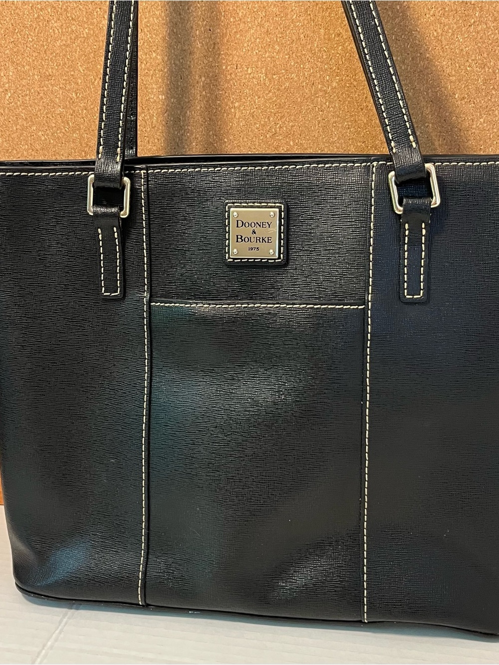 Dooney & Bourke Black Saffiano Leather Tote with Contrast Stitching